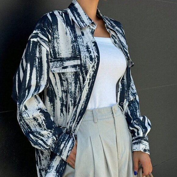 Royal Blue Casual Women's Random Print Loose Long Sleeve Shirt - Picture 1 of 8